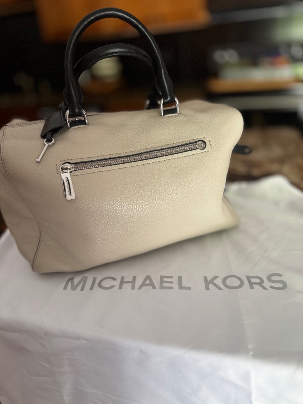 Michael Kors Neutral Greige Leather Satchel with Silver lock and Key